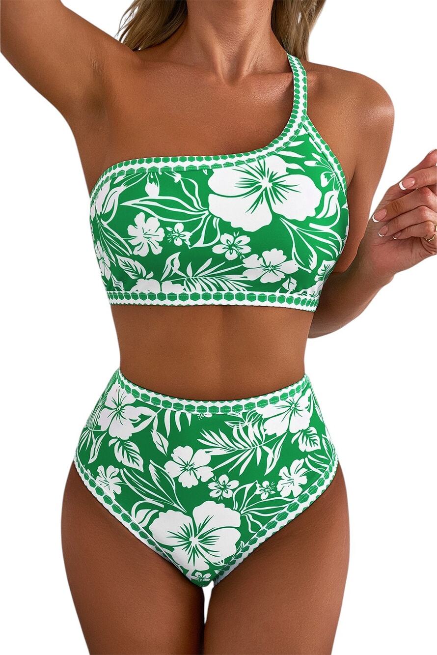 Green Floral Print One Shoulder High Waist Bikini Set New Small